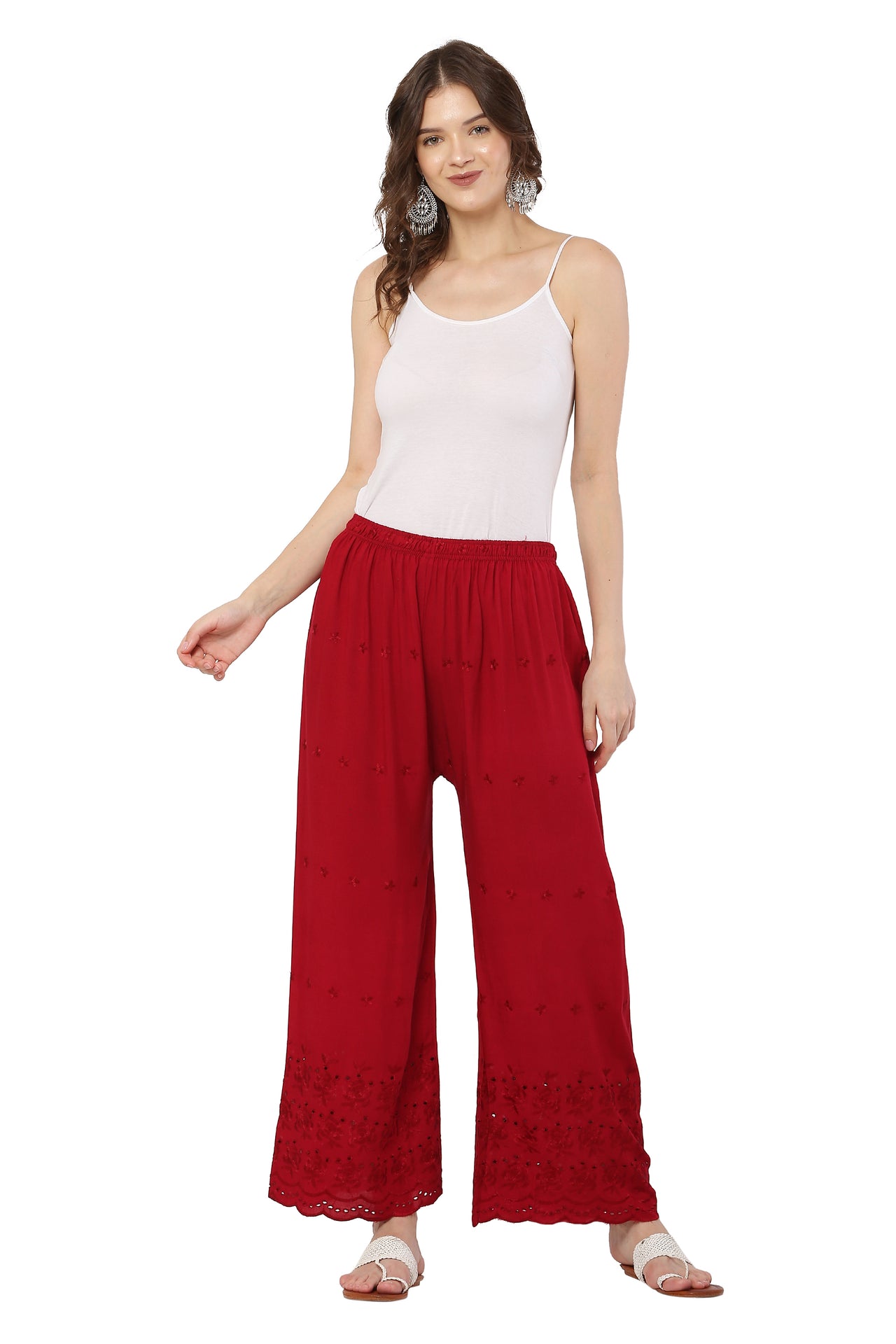 PAVONINE Maroon Color Half Schiffli Chikankari Rayon Fabric Palazzo For Women - Distacart