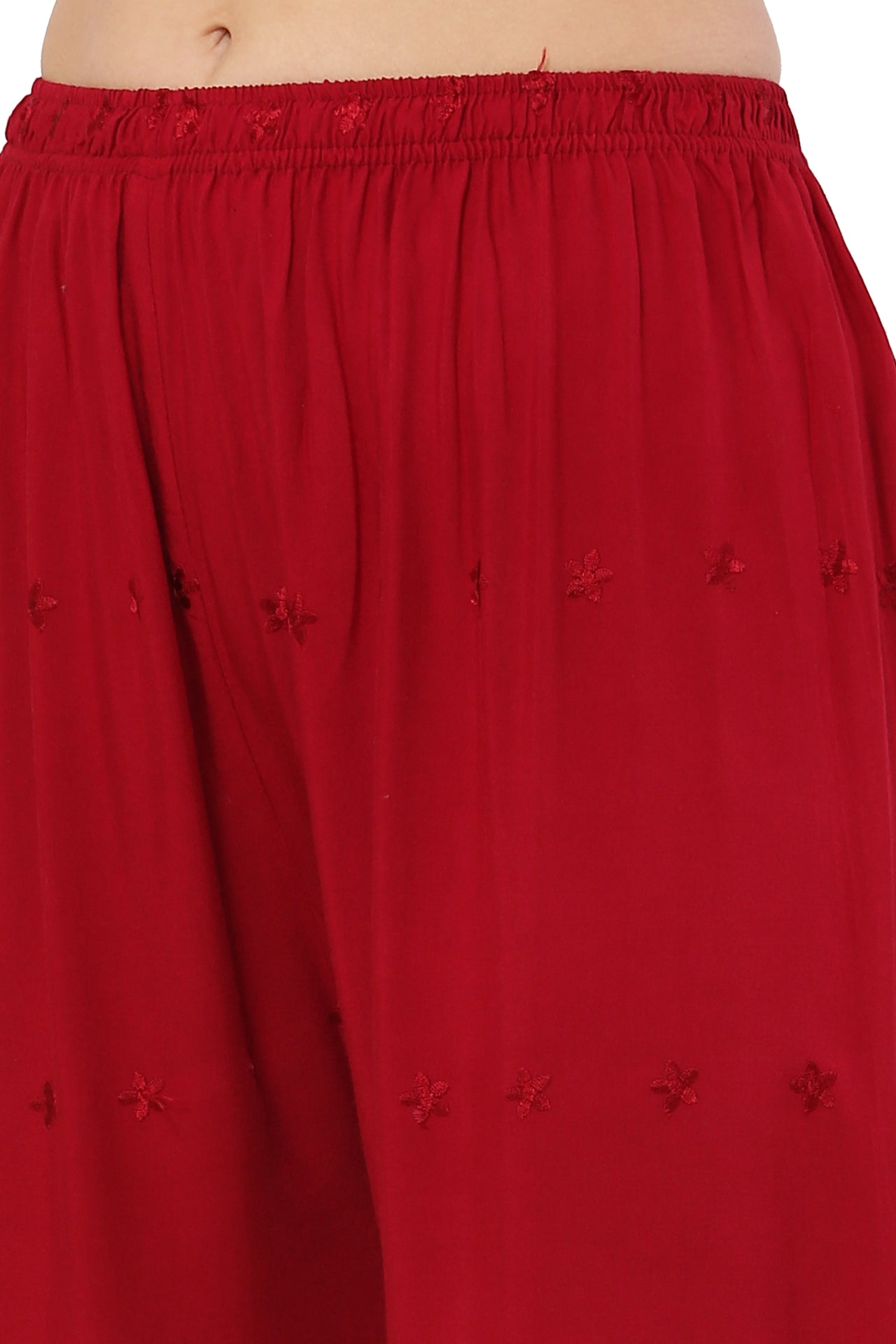 PAVONINE Maroon Color Half Schiffli Chikankari Rayon Fabric Palazzo For Women - Distacart