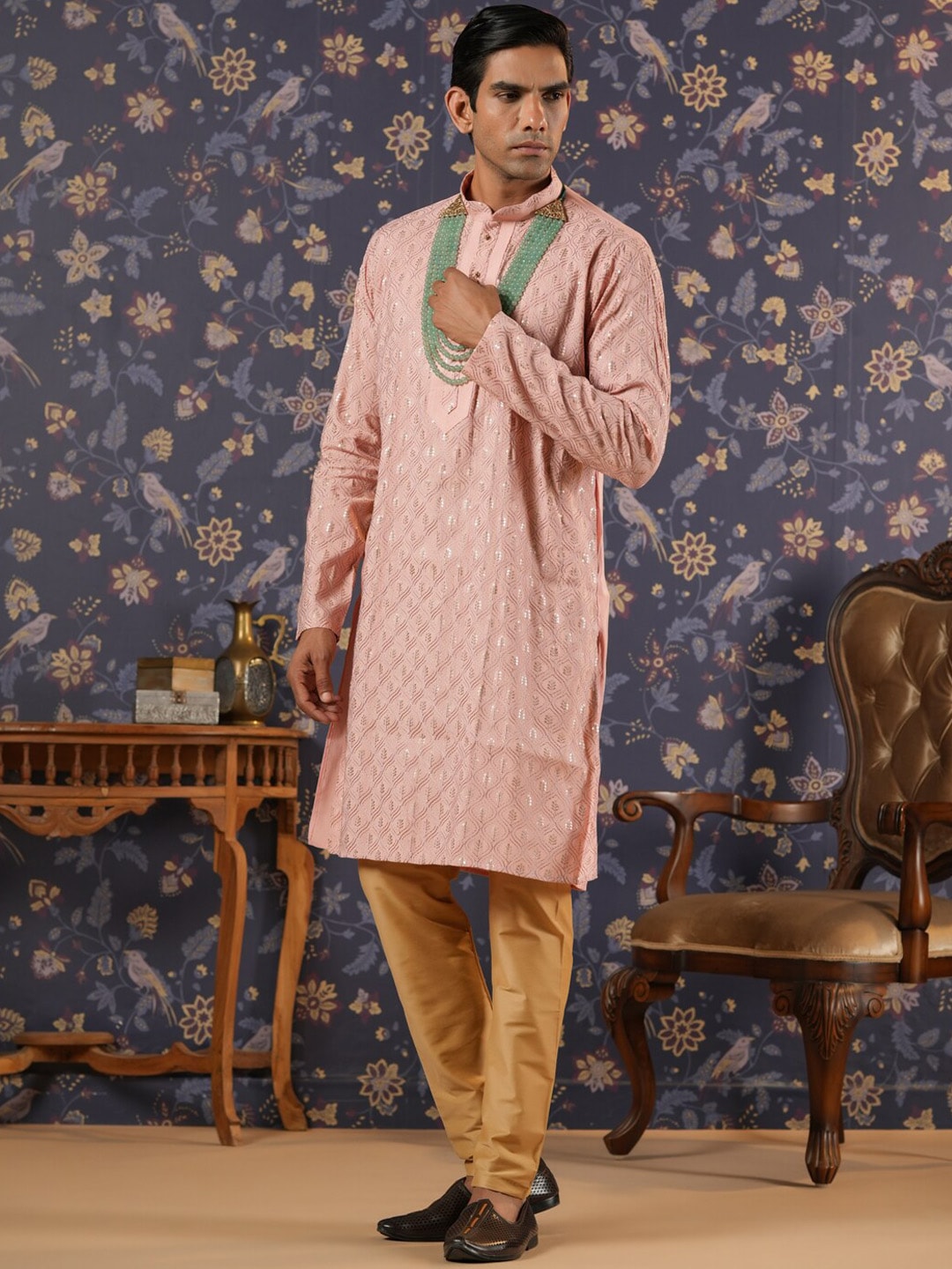 House of Pataudi Ethnic Motifs Embroidered Mandarin Collar Straight Kurta With Churidar - Distacart