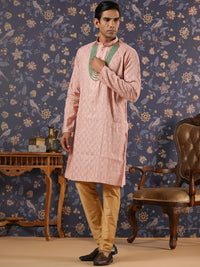 Thumbnail for House of Pataudi Ethnic Motifs Embroidered Mandarin Collar Straight Kurta With Churidar - Distacart