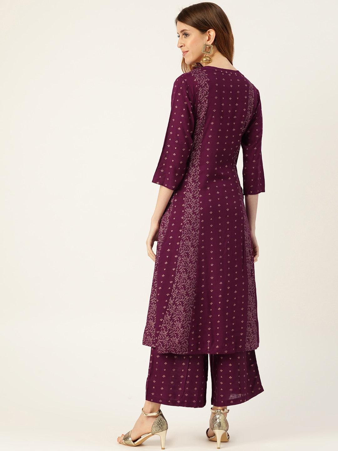 Sangria Women Wine-Coloured & Golden Khari Printed Kurta with Palazzos - Distacart