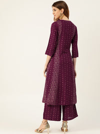 Thumbnail for Sangria Women Wine-Coloured & Golden Khari Printed Kurta with Palazzos - Distacart