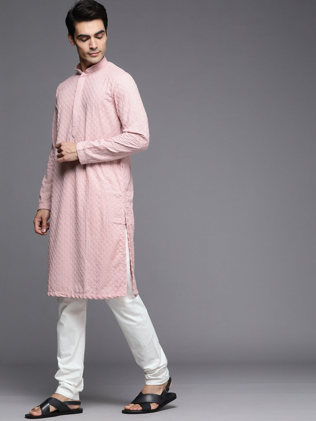 Manyavar Men Pink Ethnic Motifs Embroidered Kurta with Churidar - Distacart