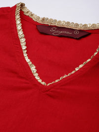 Thumbnail for Sangria Women Red Solid Pure Cotton Gotta Patti Kurta with Abstract Print Trousers - Distacart