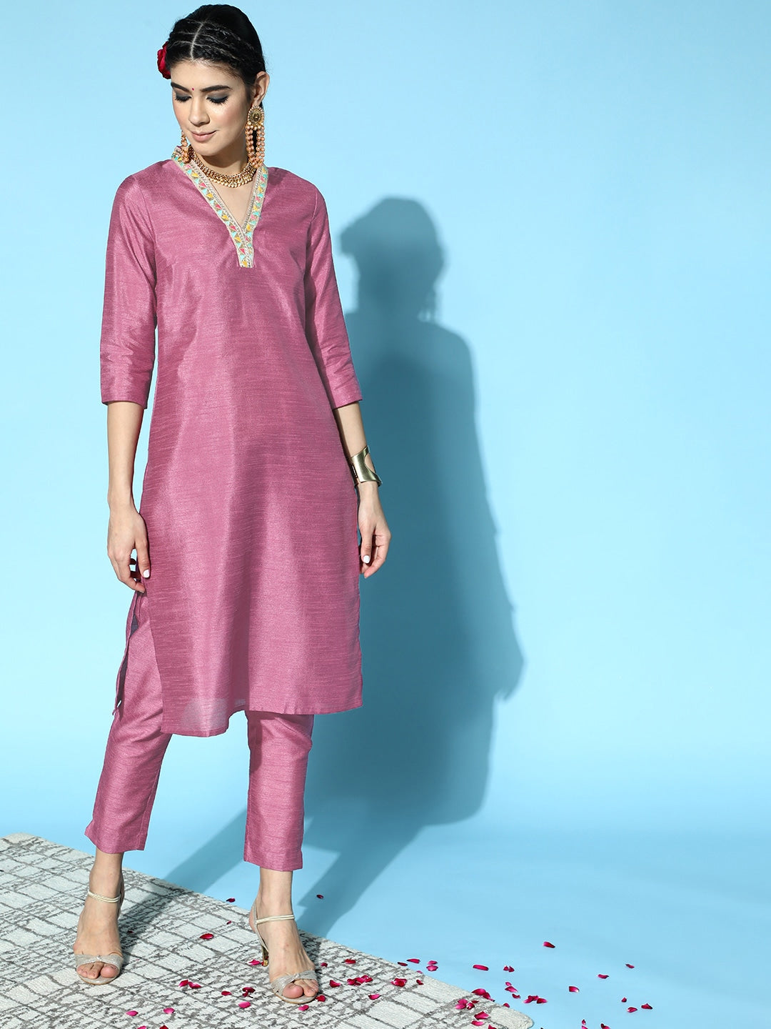 Sangria Women Mauve Yoke Design Straight Kurta with Trousers - Distacart