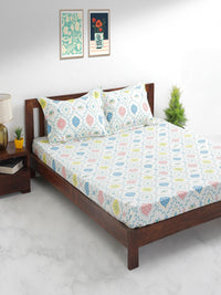 Thumbnail for Chumbak White & Blue Ethnic Motifs 136 TC Cotton 1 Queen Bedsheet with 2 Pillow Covers - Distacart