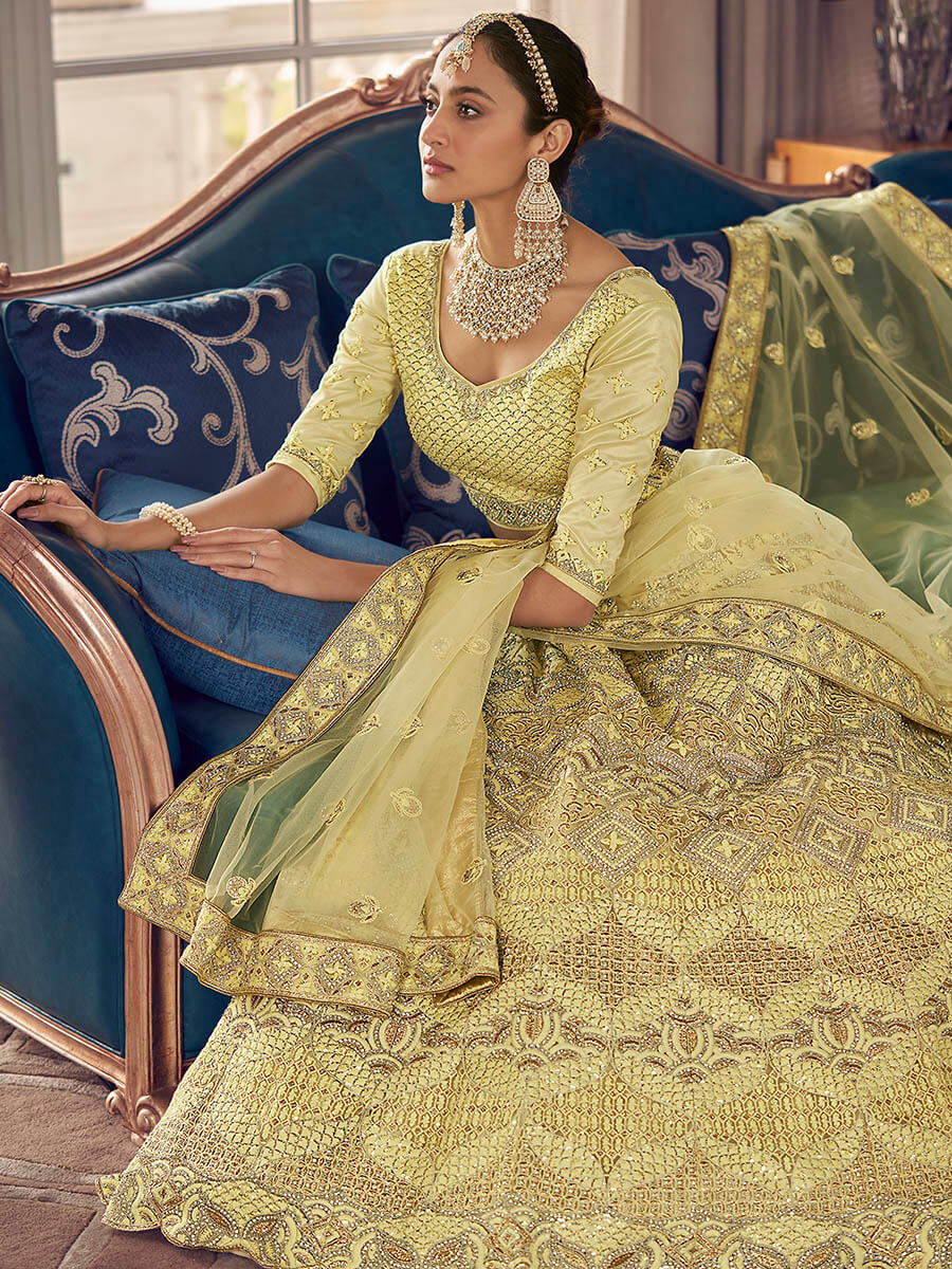 Myra Lime Yellow Crepe Embroidered Lehenga - Distacart