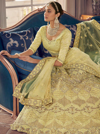 Thumbnail for Myra Lime Yellow Crepe Embroidered Lehenga - Distacart
