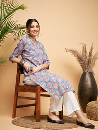 Thumbnail for InWeave Women's Blue Pink Print Angrakha Style Straight Kurta Pant Set - Distacart