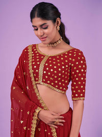 Thumbnail for Myra Red Georgette Embroidered Designer Lehenga - Distacart