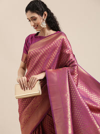 Thumbnail for Saree Mall Magenta Ethnic Motifs Zari Silk Blend Banarasi Saree For Women - Distacart