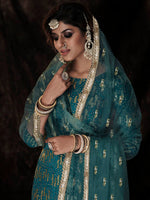 Thumbnail for Myra Dark Firozi Net Embroidered Sharara Suit - Distacart