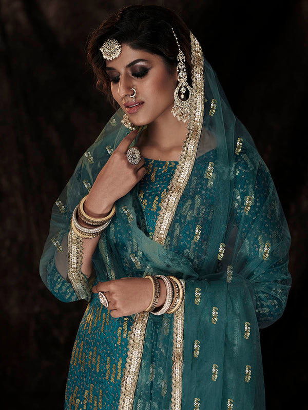 Myra Dark Firozi Net Embroidered Sharara Suit - Distacart