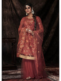 Thumbnail for Myra Dark Orange Net Embroidered Sharara Suit - Distacart