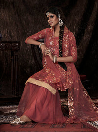 Thumbnail for Myra Dark Orange Net Embroidered Sharara Suit - Distacart