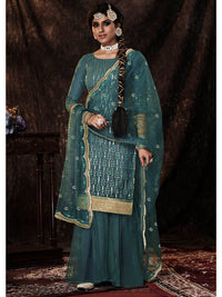 Thumbnail for Myra Dark Firozi Net Embroidered Sharara Suit - Distacart