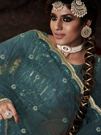 Thumbnail for Myra Dark Firozi Net Embroidered Sharara Suit - Distacart