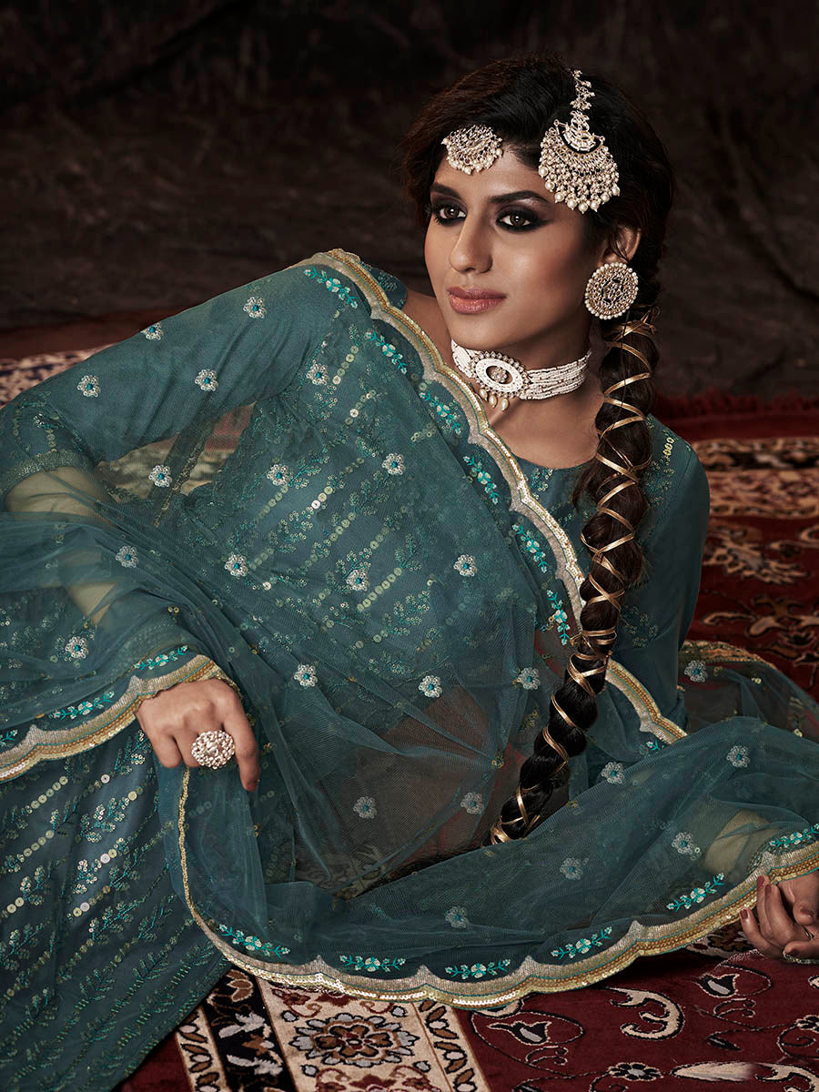 Myra Dark Firozi Net Embroidered Sharara Suit - Distacart