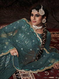 Thumbnail for Myra Dark Firozi Net Embroidered Sharara Suit - Distacart