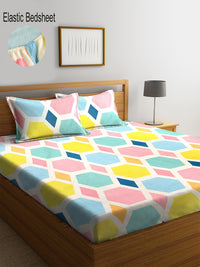 Thumbnail for KLOTTHE Multicoloured Geometric 300 TC Fitted Double Bedsheet with 2 Pillow Covers - Distacart
