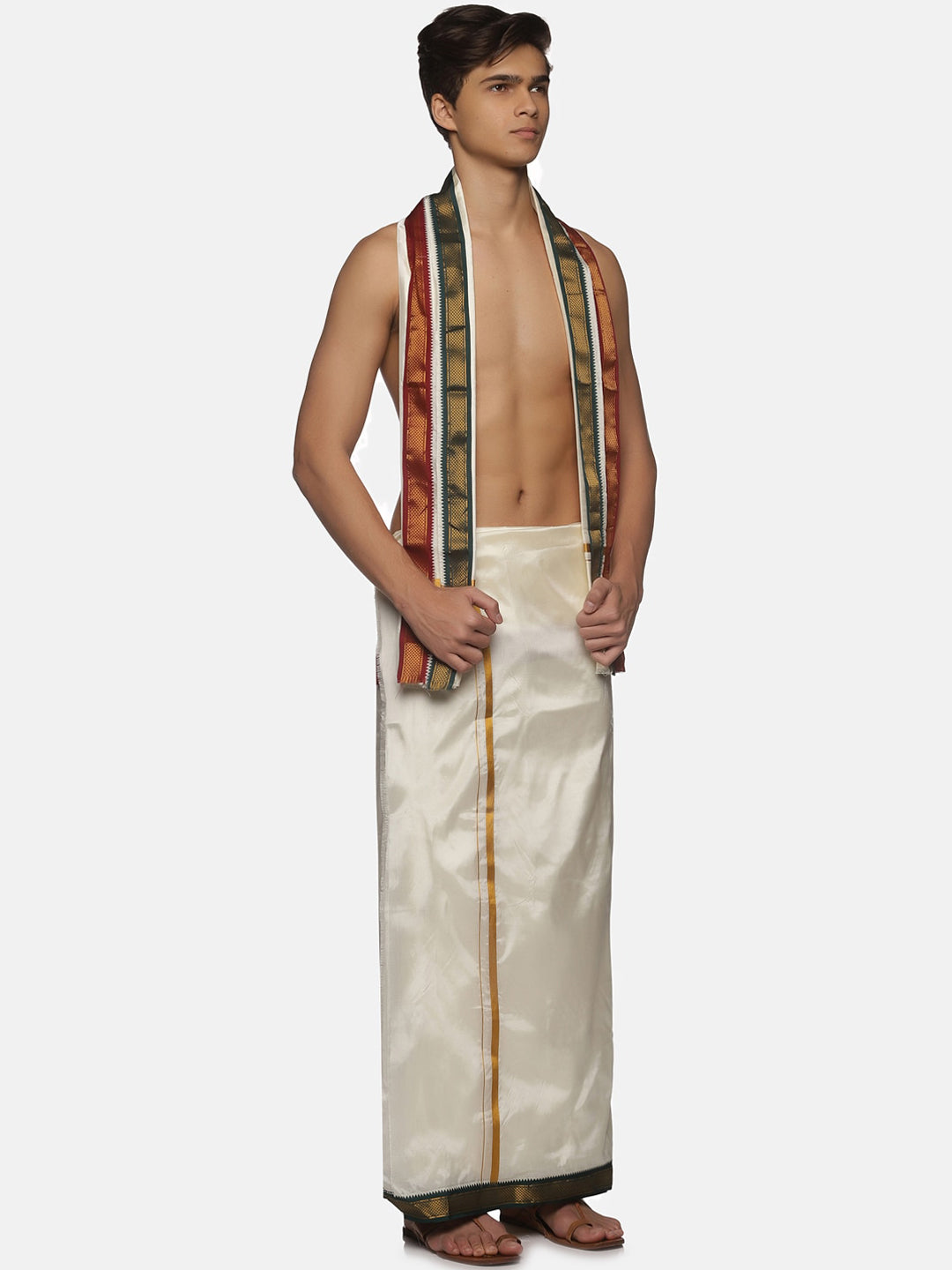Sethukrishna Men Cream-Coloured Solid Dhotis With Angavastram - Distacart