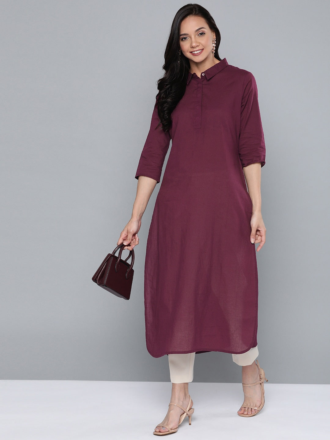 HERE&NOW Women Burgundy Cotton Solid Pathani Kurta - Distacart