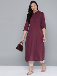 Thumbnail for HERE&NOW Women Burgundy Cotton Solid Pathani Kurta - Distacart