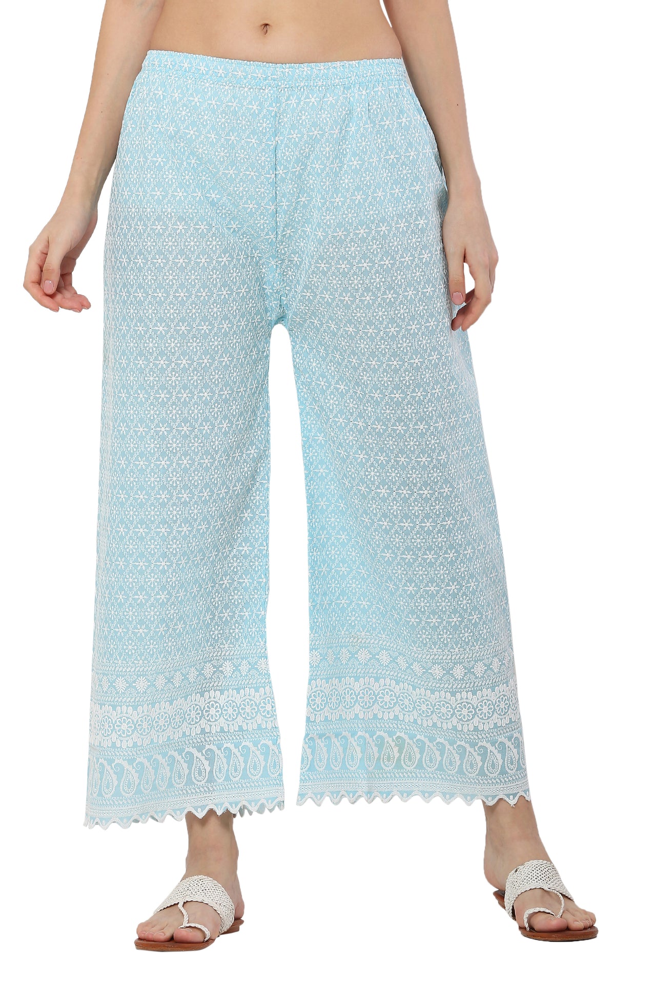 PAVONINE Rama Green Color Full Thread Chikankari Cotton Fabric Palazzo For Women - Distacart