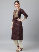 Thumbnail for Khushal K Women Brown & Gold-Toned Ethnic Motifs Printed Straight Kurta - Distacart