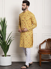 Thumbnail for Sojanya Men Yellow Ethnic Motifs Printed Kurta with Churidar - Distacart