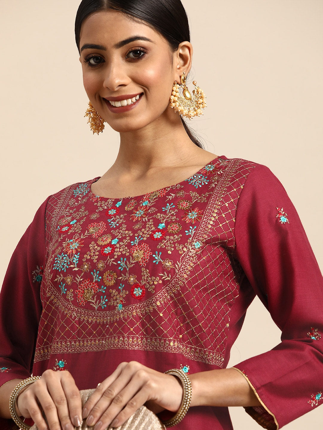 Sangria Women Red Yoke Design Sequined Kurta - Distacart
