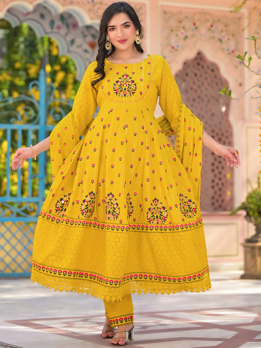 Sangria Yellow Floral Printed & Mirror Work Cotton Anarkali Kurta With Trouser & Dupatta - Distacart