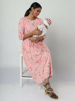 Thumbnail for Manet Three Fourth Maternity Dress Floral Print With Concealed Zipper Nursing Access - Peach - Distacart