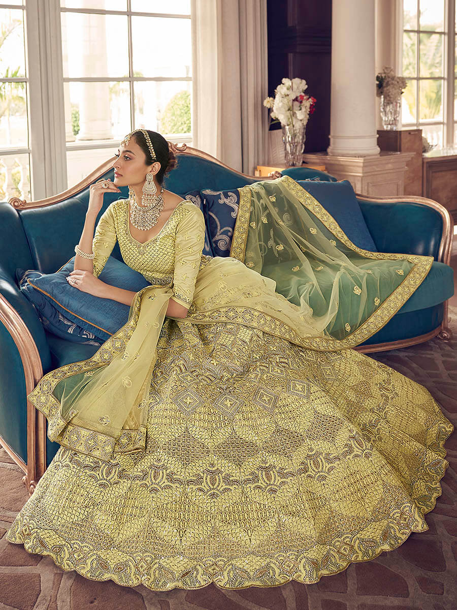 Myra Lime Yellow Crepe Embroidered Lehenga - Distacart