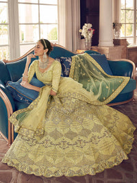 Thumbnail for Myra Lime Yellow Crepe Embroidered Lehenga - Distacart