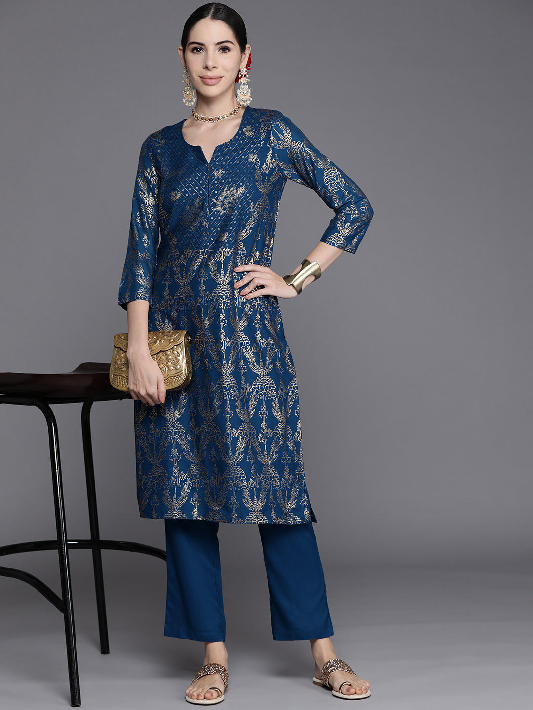 Biba Women Navy Blue & Golden Ethnic Motifs Printed Kurta with Trousers - Distacart