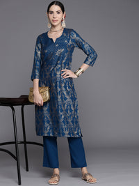 Thumbnail for Biba Women Navy Blue & Golden Ethnic Motifs Printed Kurta with Trousers - Distacart