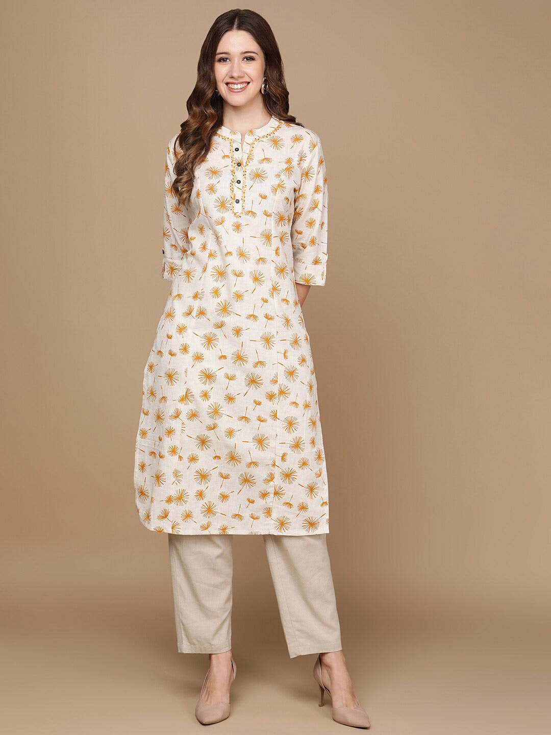 HERE&NOW Off White & Mustard Yellow Floral Printed Thread Work Sequinned Cotton Kurta - Distacart