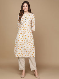 Thumbnail for HERE&NOW Off White & Mustard Yellow Floral Printed Thread Work Sequinned Cotton Kurta - Distacart