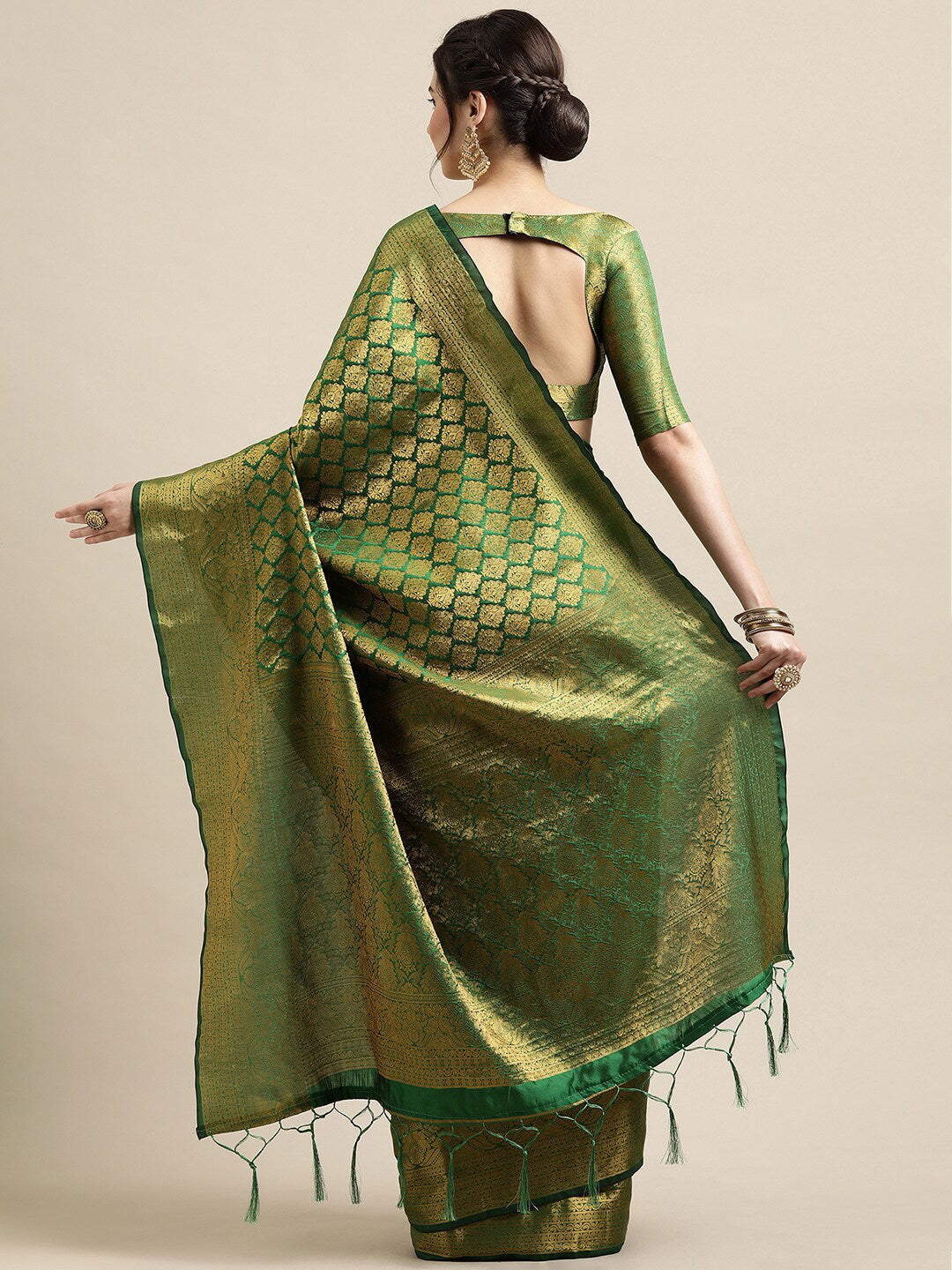 Saree Mall Green & Gold-Toned Woven Design Zari Silk Blend Banarasi Saree - Distacart