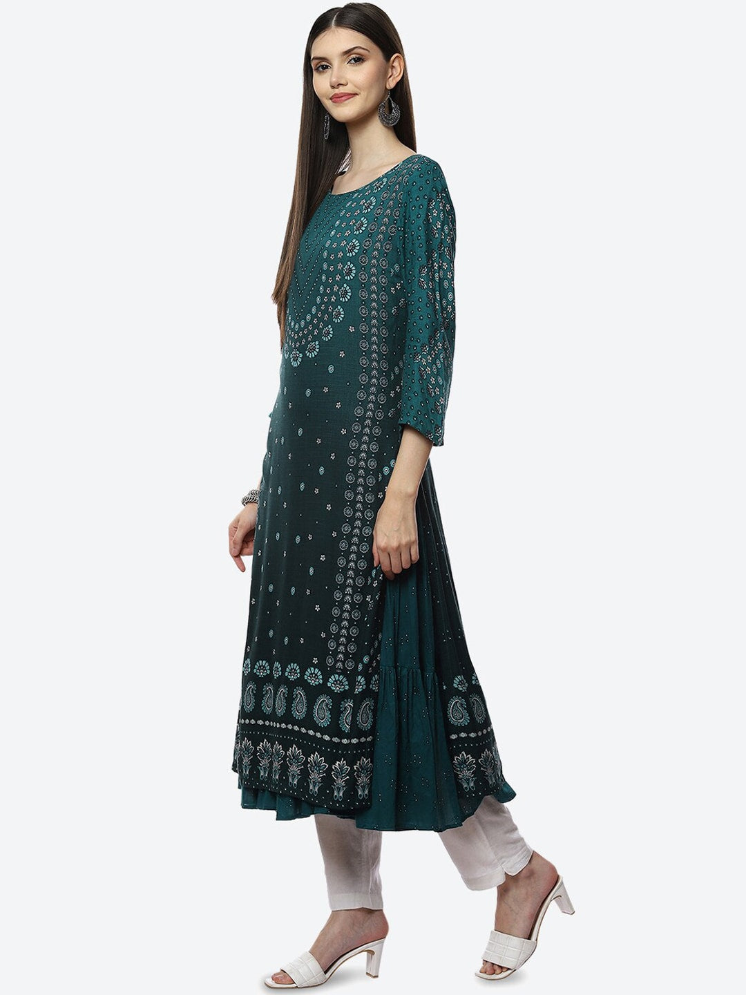 Biba Women Blue Ethnic Motifs Ethnic Printed Layered Kurta - Distacart