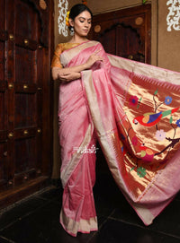 Thumbnail for Very Much Indian Handloom Pure Cotton Paithani With Handwoven Pallu -Baby Pink - Distacart