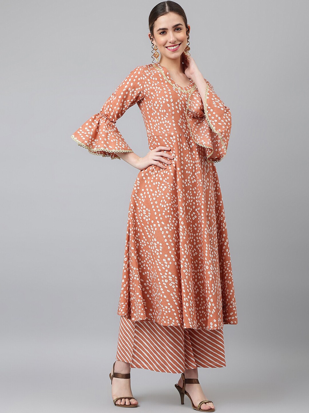 Khushal K Women Brown Ethnic Motifs Printed Panelled Pure Cotton Kurta with Palazzos & With Dupatta - Distacart