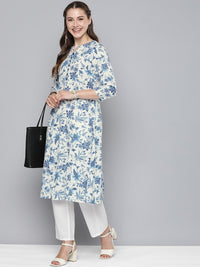 Thumbnail for HERE&NOW Women Floral Printed Mandarin Collar Straight Kurta - Distacart