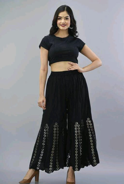 PAVONINE Black Color Embroidery Floral Patch Work Flared Sharara For Women - Distacart