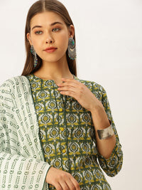 Thumbnail for HERE&NOW Women Ethnic Motifs Printed Empire Pure Cotton Kurta with Palazzos & With Dupatta - Distacart