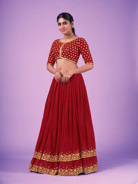 Thumbnail for Myra Red Georgette Embroidered Designer Lehenga - Distacart