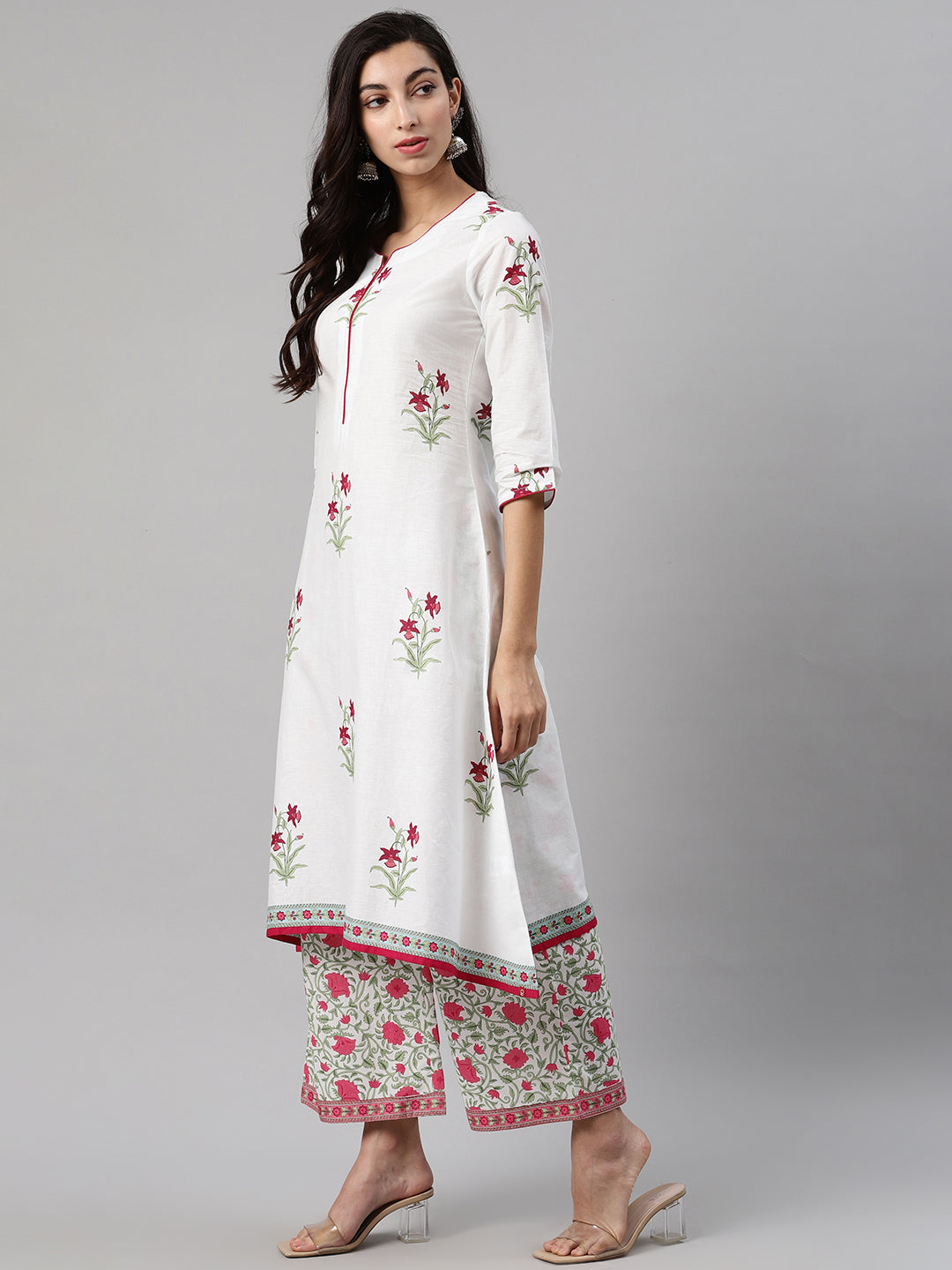 Biba Women White & Pink Printed Kurta with Palazzos & Dupatta - Distacart