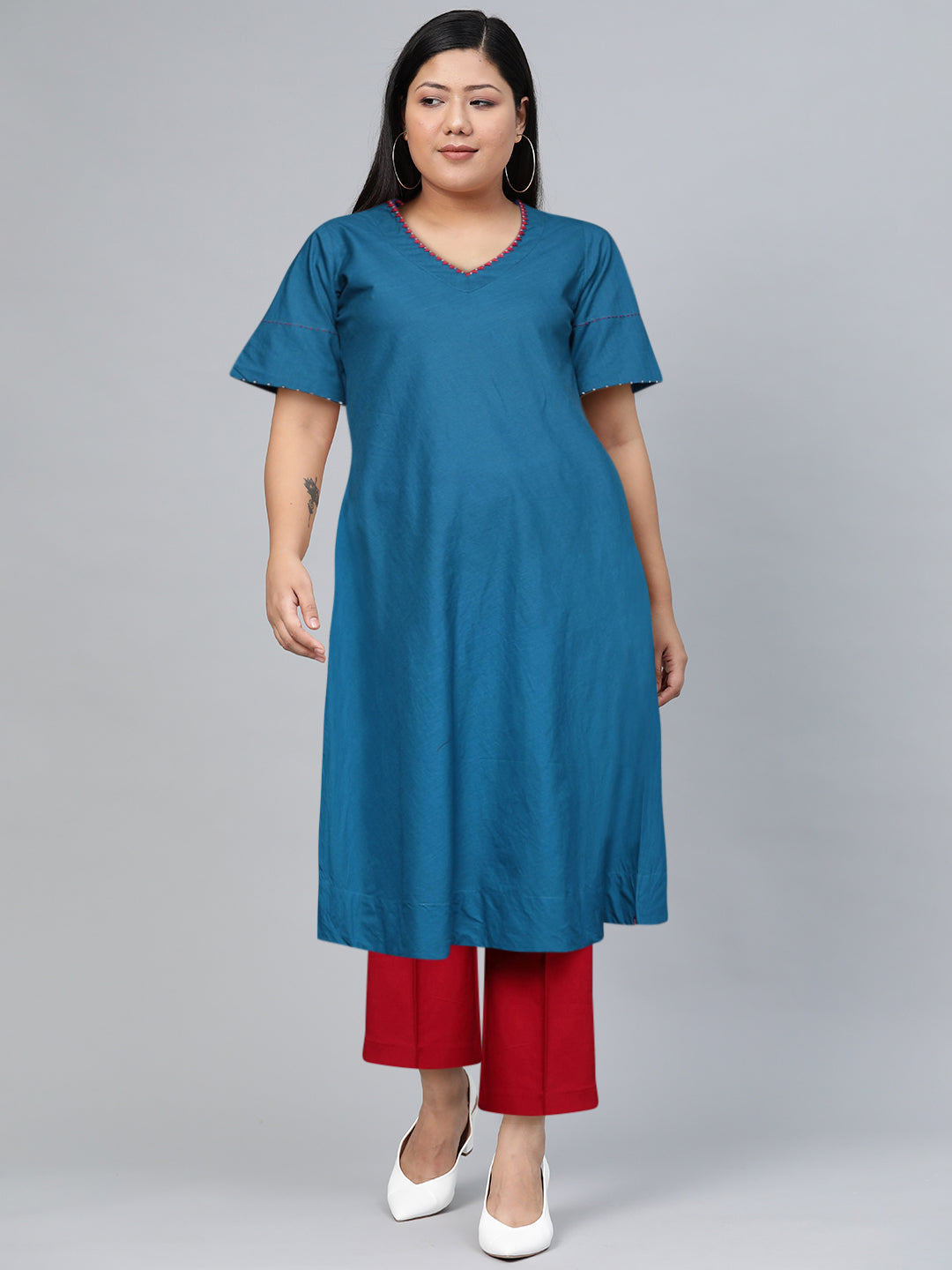 Biba Women Navy Blue Solid Embroidered Bead Detail A-Line Pure Cotton Kurta - Distacart