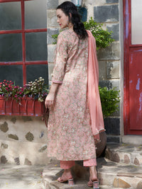 Thumbnail for Sangria Peach Floral Printed Gotta Patti Pure Cotton A-Line Kurta with Trousers & Dupatta - Distacart